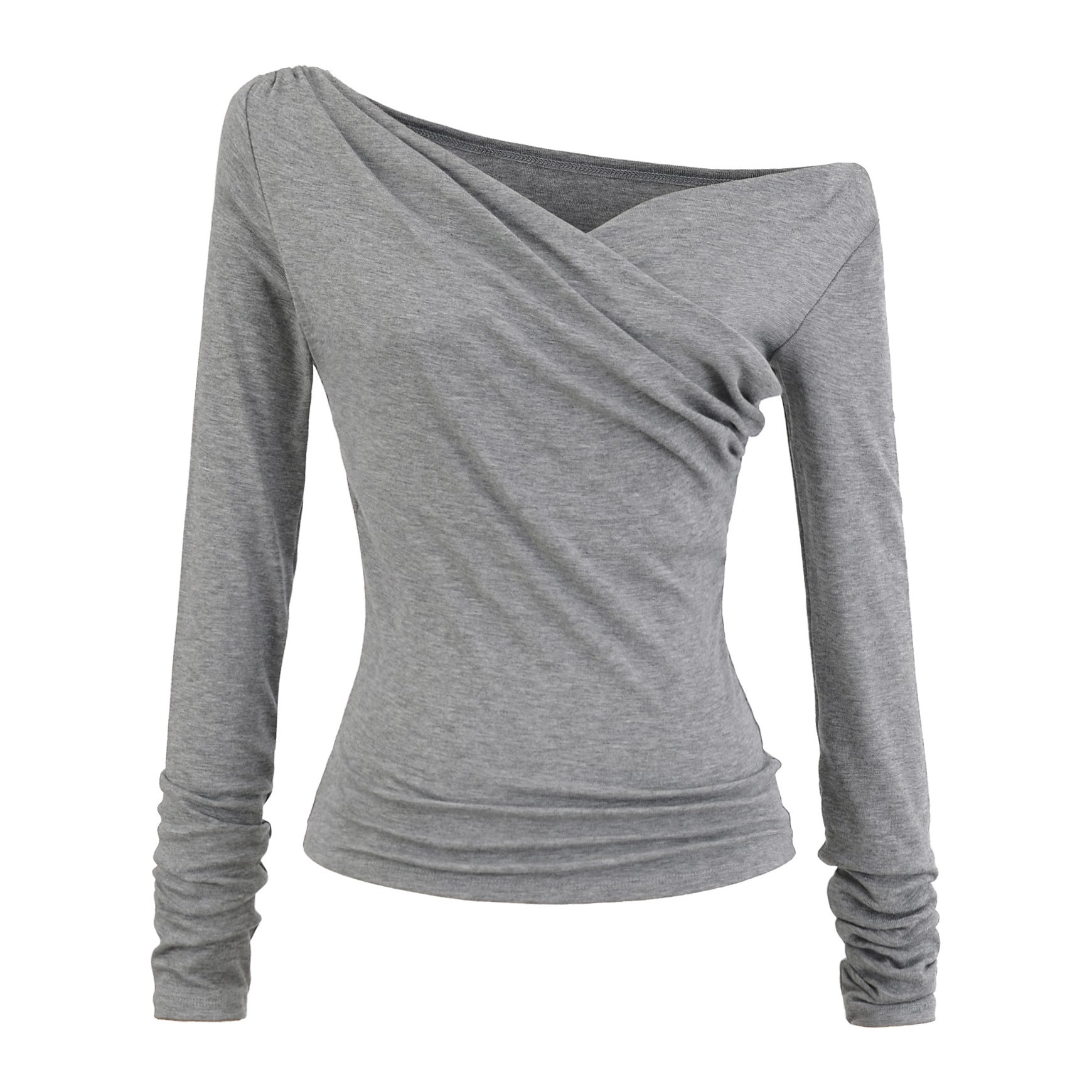 Woman wearing floral gray diagonal collar long sleeve T-shirt in streetwear lifestyle setting | TeenStylo