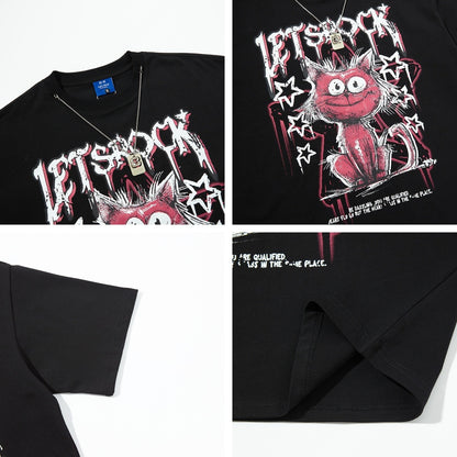 Black streetwear cat graffiti tee worn in urban lifestyle setting, bold cartoon print - TeenStylo