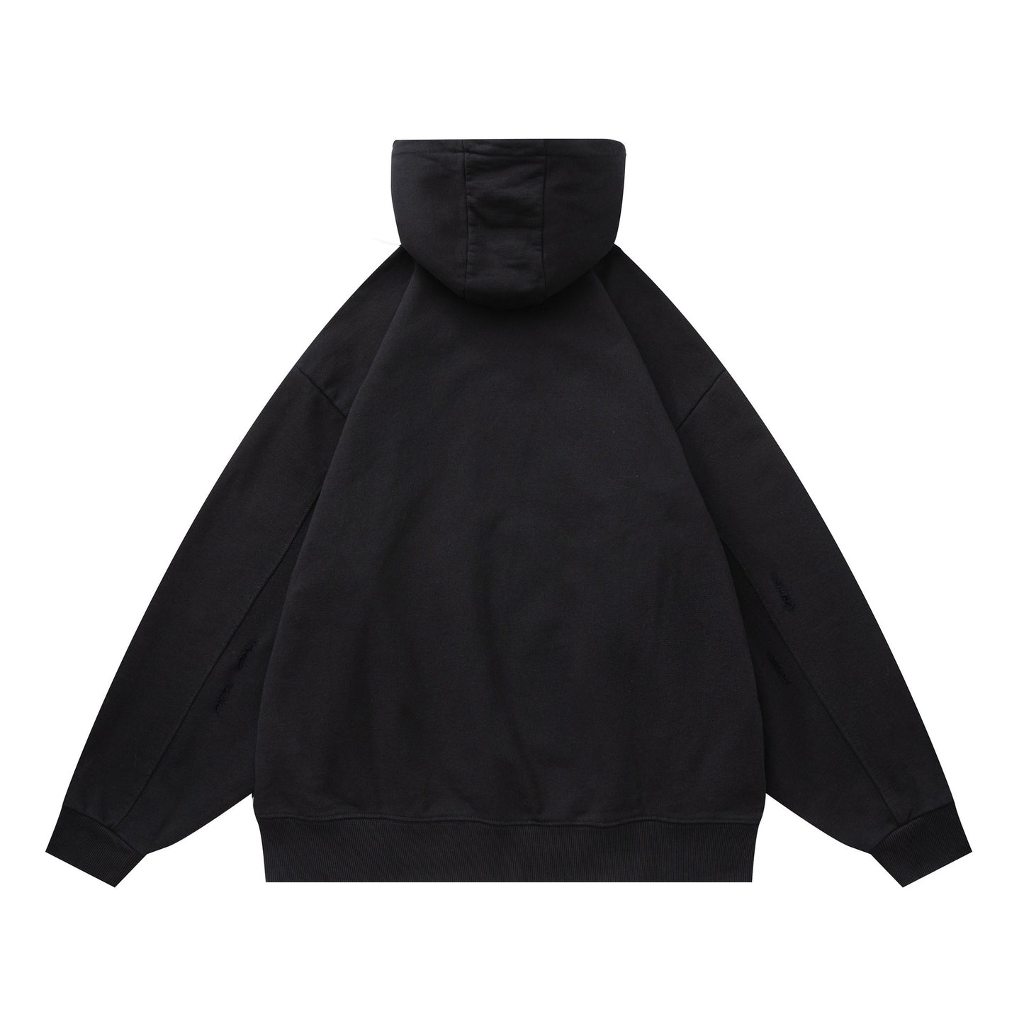 Back view of black oversized hooded sweatshirt with patchwork design, unisex streetwear style | TeenStylo