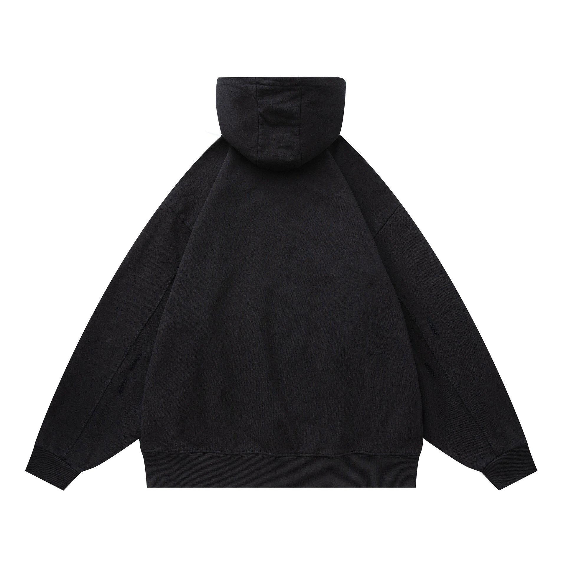 Back view of black oversized hooded sweatshirt with patchwork design, unisex streetwear style | TeenStylo