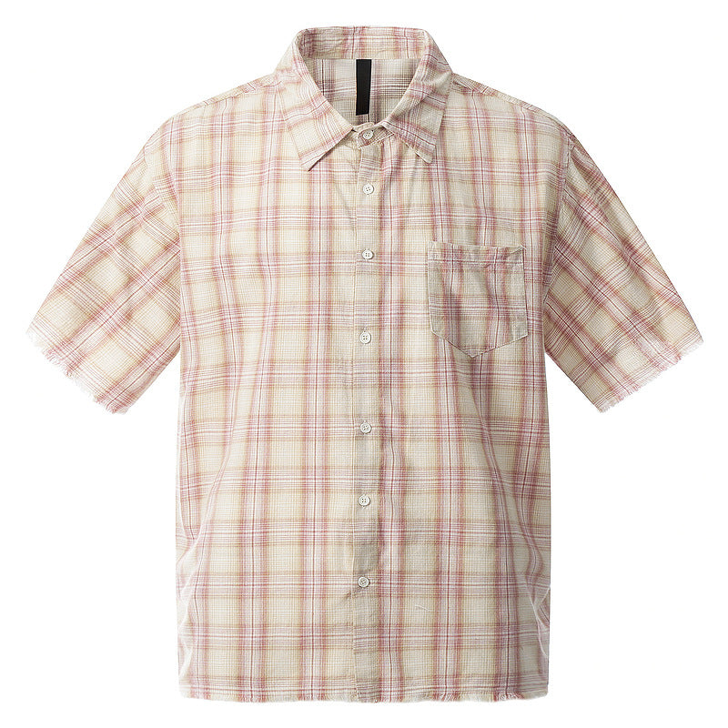 Red plaid frayed hem short sleeve T-shirt back view unisex streetwear style TeenStylo