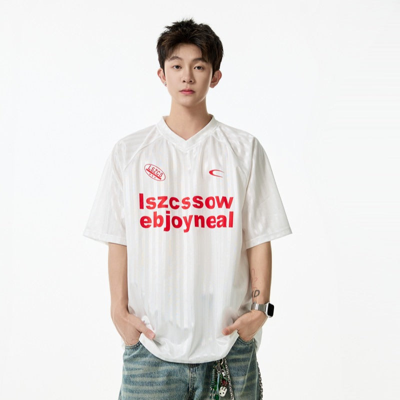 White V-Neck Ice Silk Cool Touch Sports Jersey Tee lifestyle shot men's streetwear TeenStylo