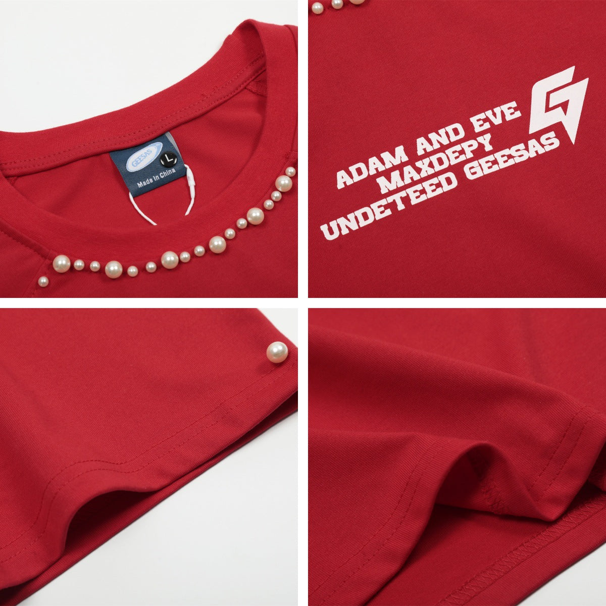 Man wearing red oversized pearl design short sleeve t-shirt in streetwear lifestyle look | TeenStylo