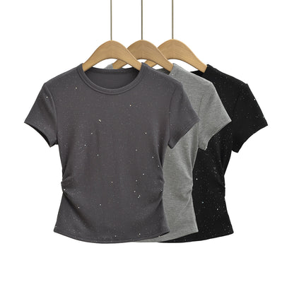 Dark grey women's hot stamping short sleeve T-shirt front view | TeenStylo