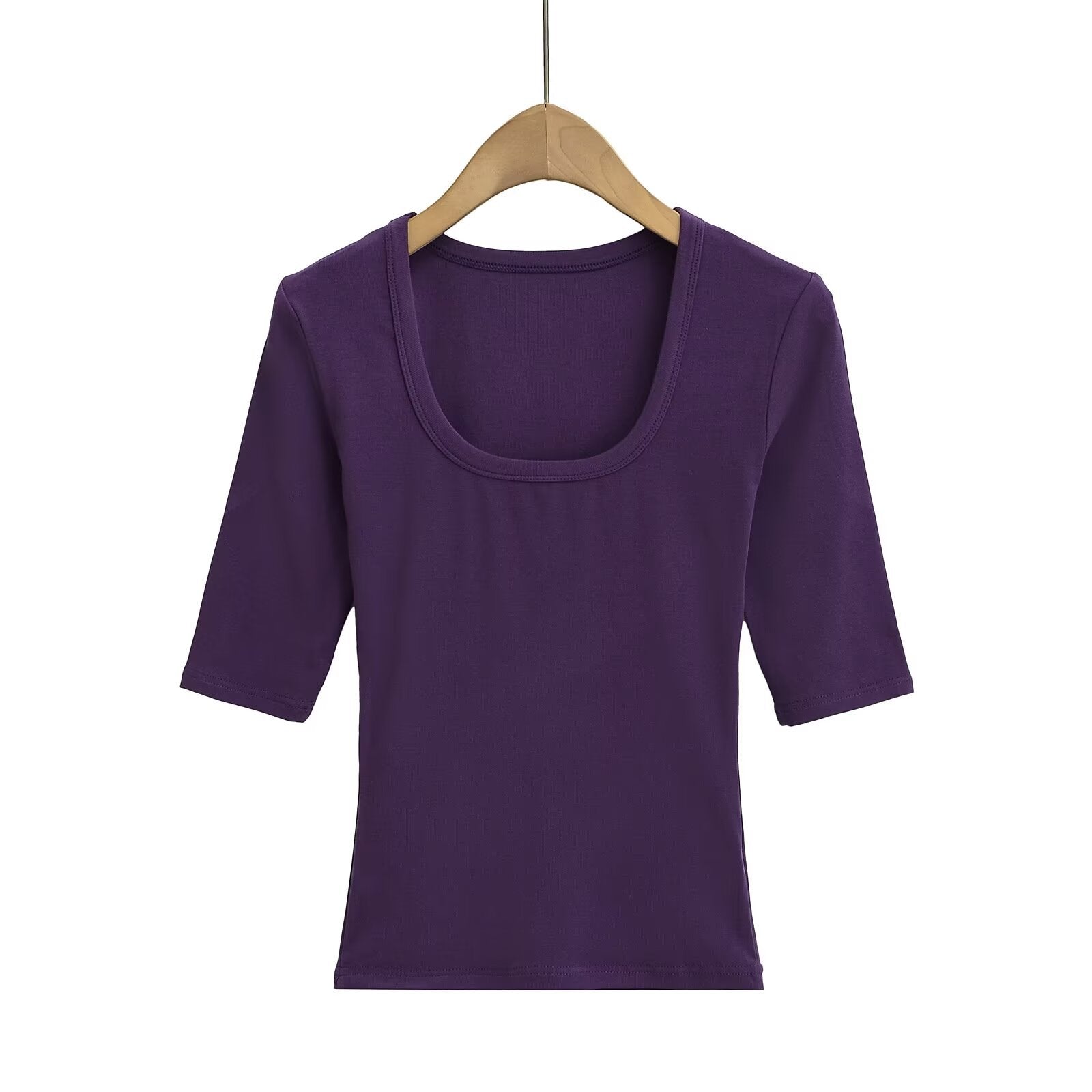 Purple elastic fitted U-neck lockbone mid-sleeve unisex tee styled in Y2K streetwear look | TeenStylo