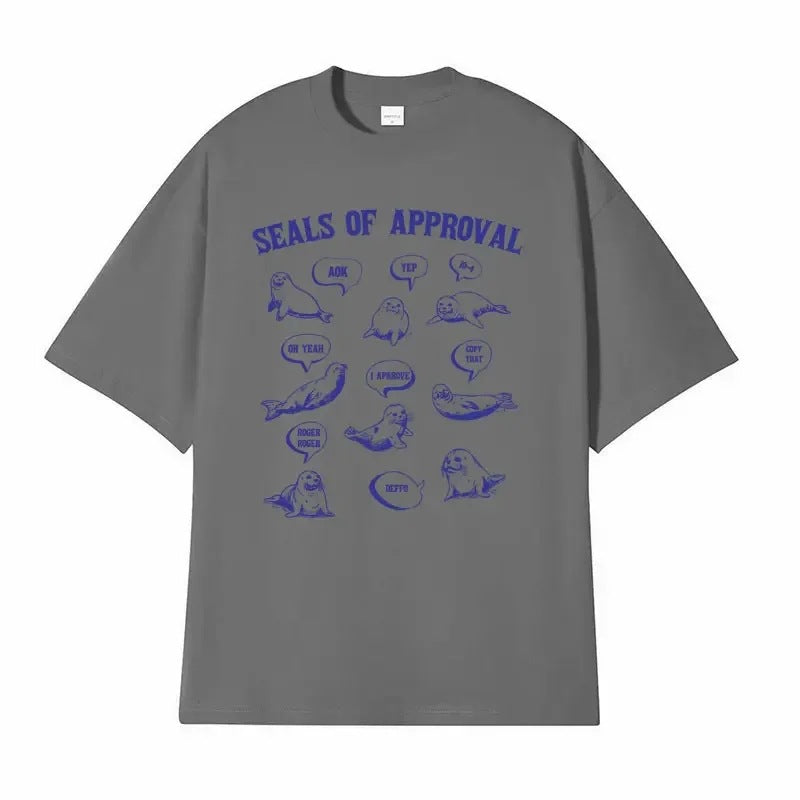 Dark gray unisex retro funny seals of approval meme graphic t-shirt lifestyle photo TeenStylo