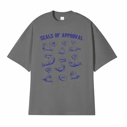 Dark gray unisex retro funny seals of approval meme graphic t-shirt lifestyle photo TeenStylo