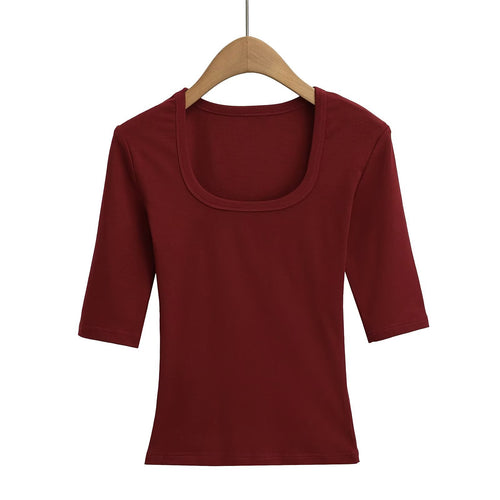 Black unisex elastic fitted U-neck lockbone mid-sleeve tee shirt front view | TeenStylo