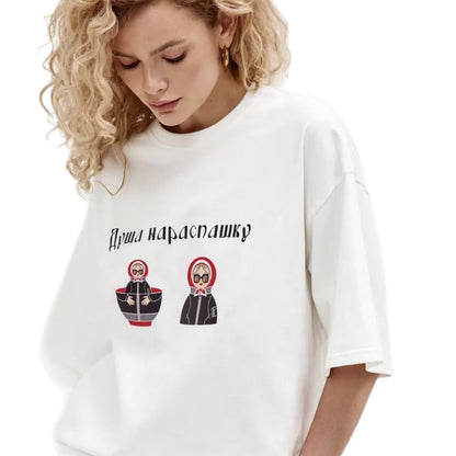 White unisex anime printed loose T-shirt front view – Y2K Harajuku streetwear style | TeenStylo