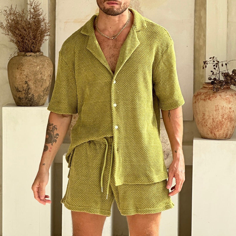 Yellow-green men's casual summer shirt and shorts set with flip flops lifestyle shot TeenStylo