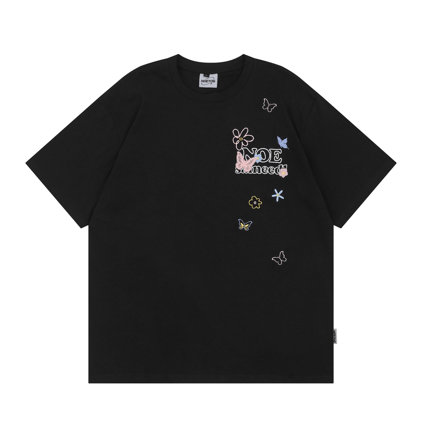 Black butterfly floral letter embroidery short sleeve unisex t-shirt lifestyle shot TeenStylo