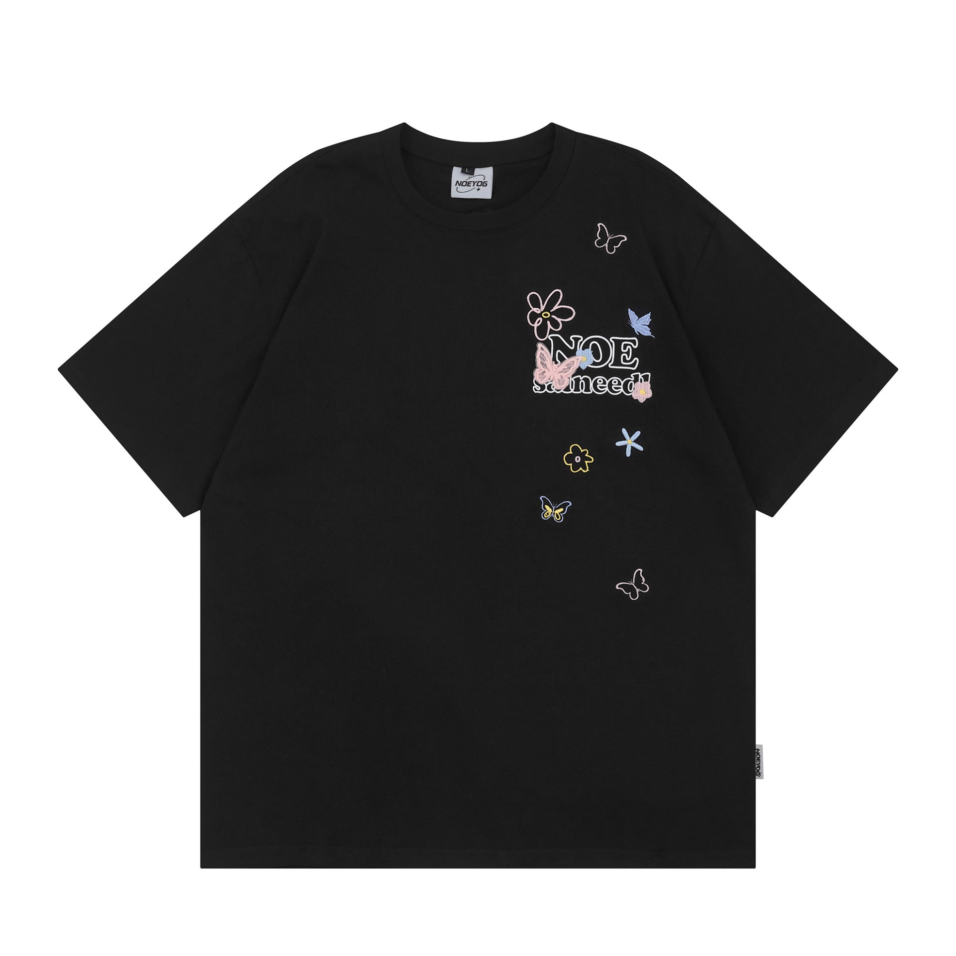 Black butterfly floral letter embroidery short sleeve unisex t-shirt lifestyle shot TeenStylo