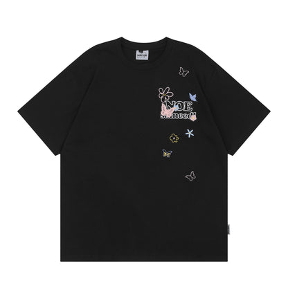 Black butterfly floral letter embroidery short sleeve unisex t-shirt lifestyle shot TeenStylo