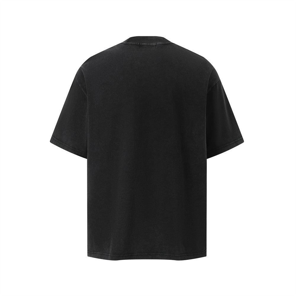 Aged Black pattern printed faded washed short sleeve t-shirt mens back view streetwear TeenStylo