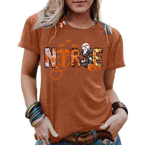 Dark red Halloween printed short sleeve t-shirt women front view TeenStylo