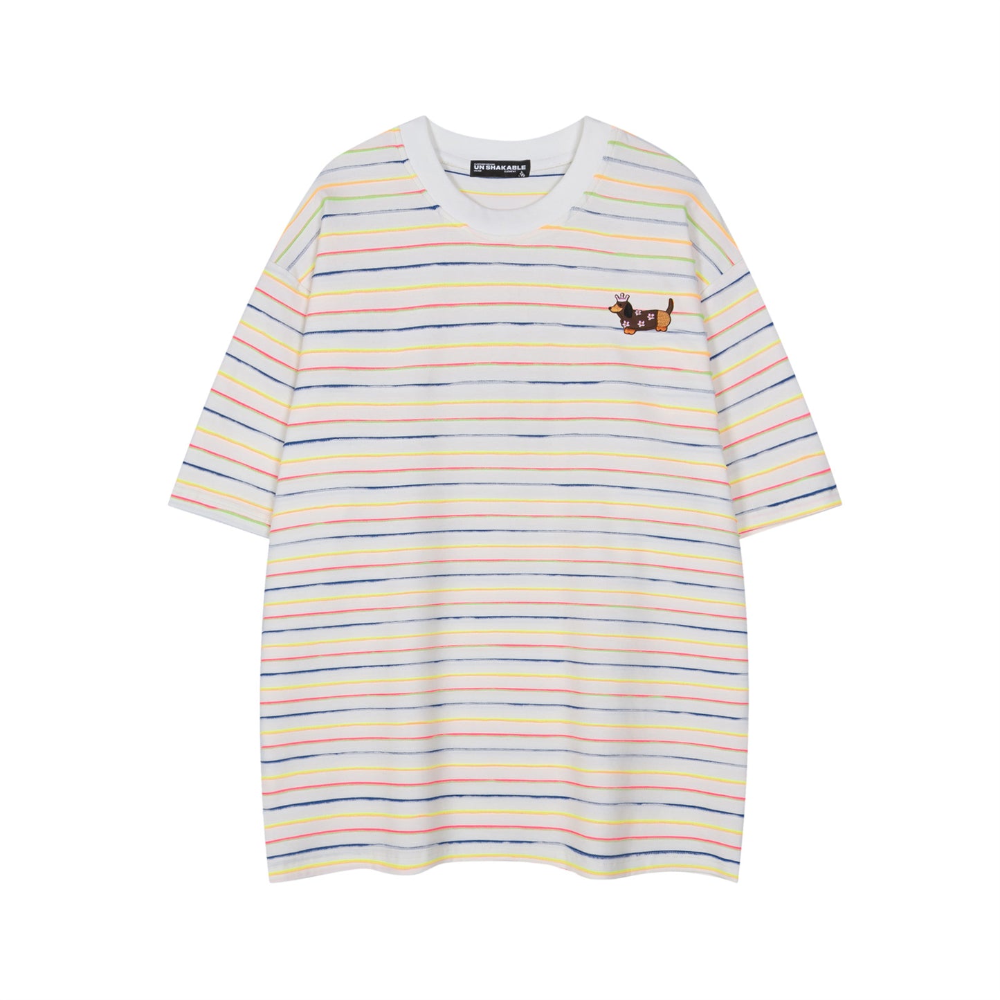 Flower gray unisex retro dachshund striped short sleeve T-shirt back view TeenStylo