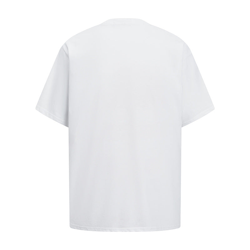 White portrait print detail close-up on loose unisex half sleeve t-shirt | TeenStylo