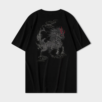 White mens short sleeve t-shirt with Qilin auspicious cloud print front view TeenStylo