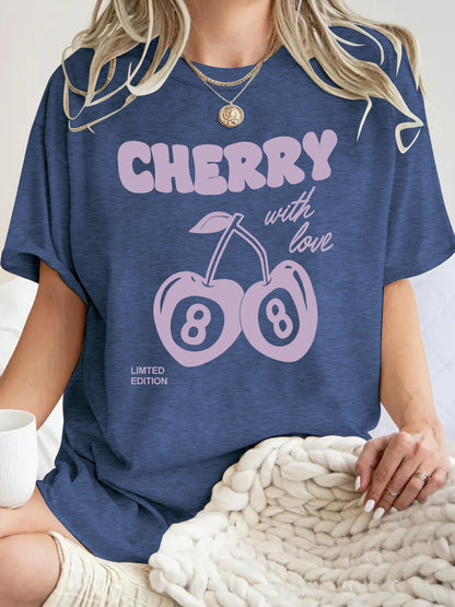 Royal blue women's cherry print short sleeve t-shirt lifestyle shot – Y2K streetwear style | TeenStylo