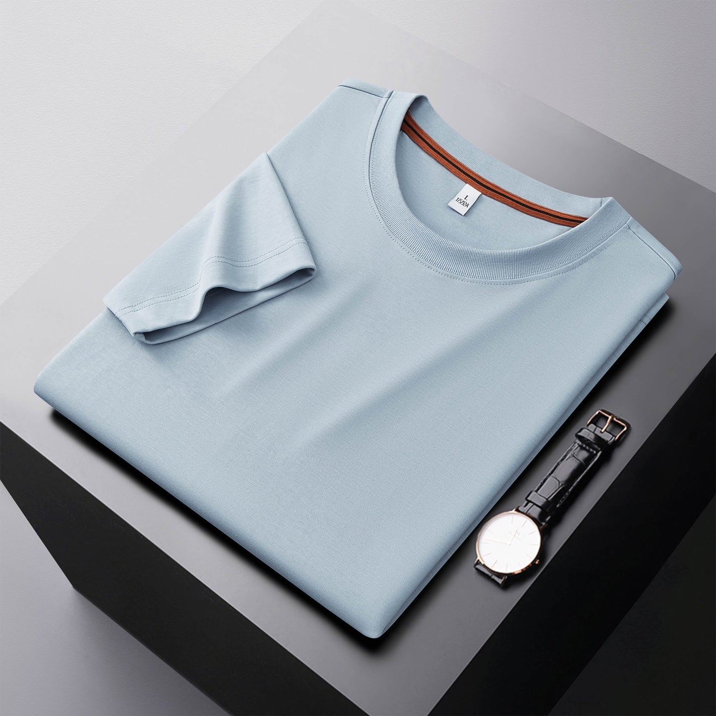 Lake blue men's round neck T-shirt streetwear lifestyle look – TeenStylo