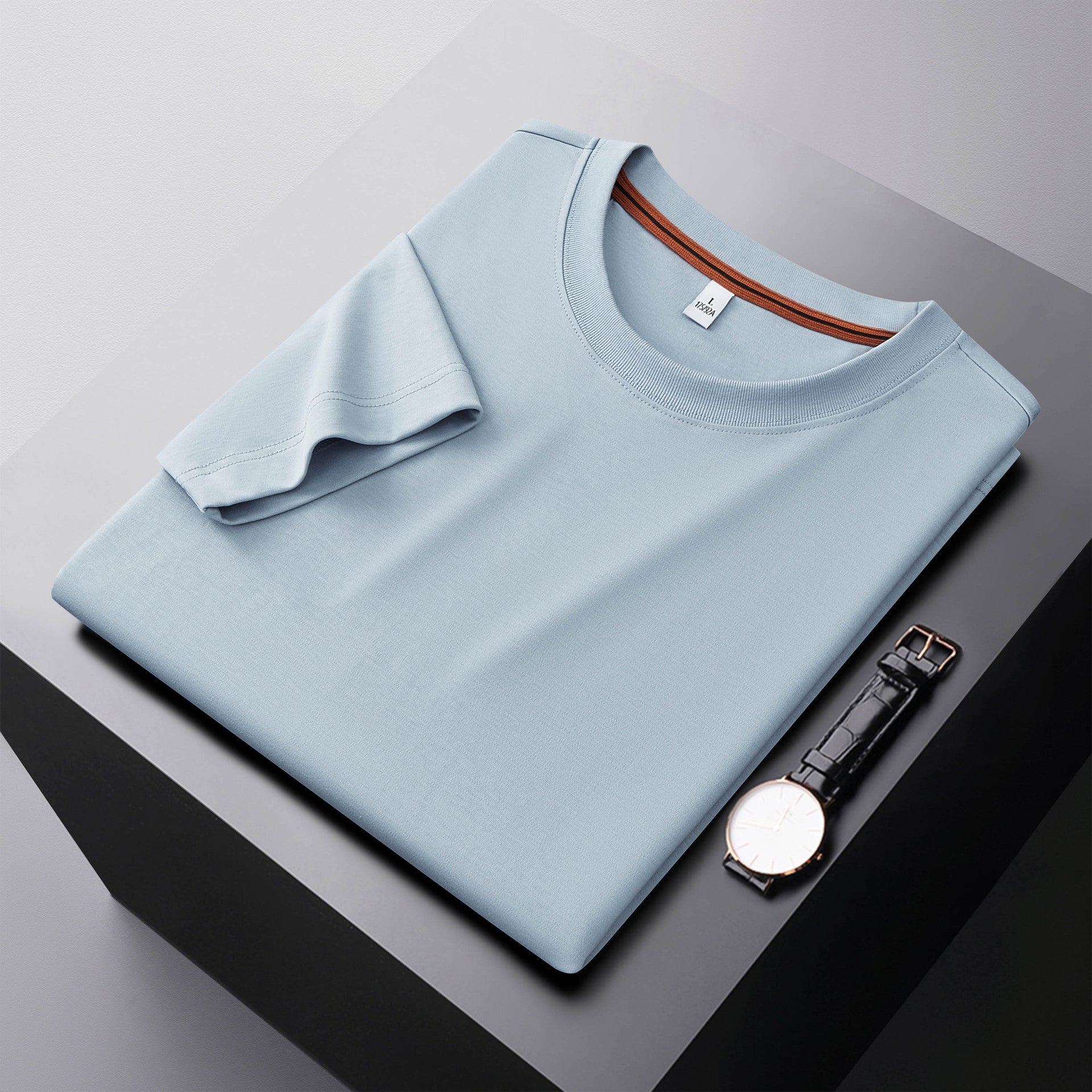 Lake blue men's round neck T-shirt streetwear lifestyle look – TeenStylo