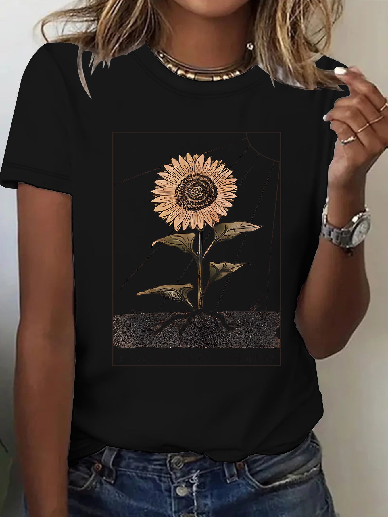 Royal blue women's short sleeve sunflower T-shirt lifestyle style at TeenStylo
