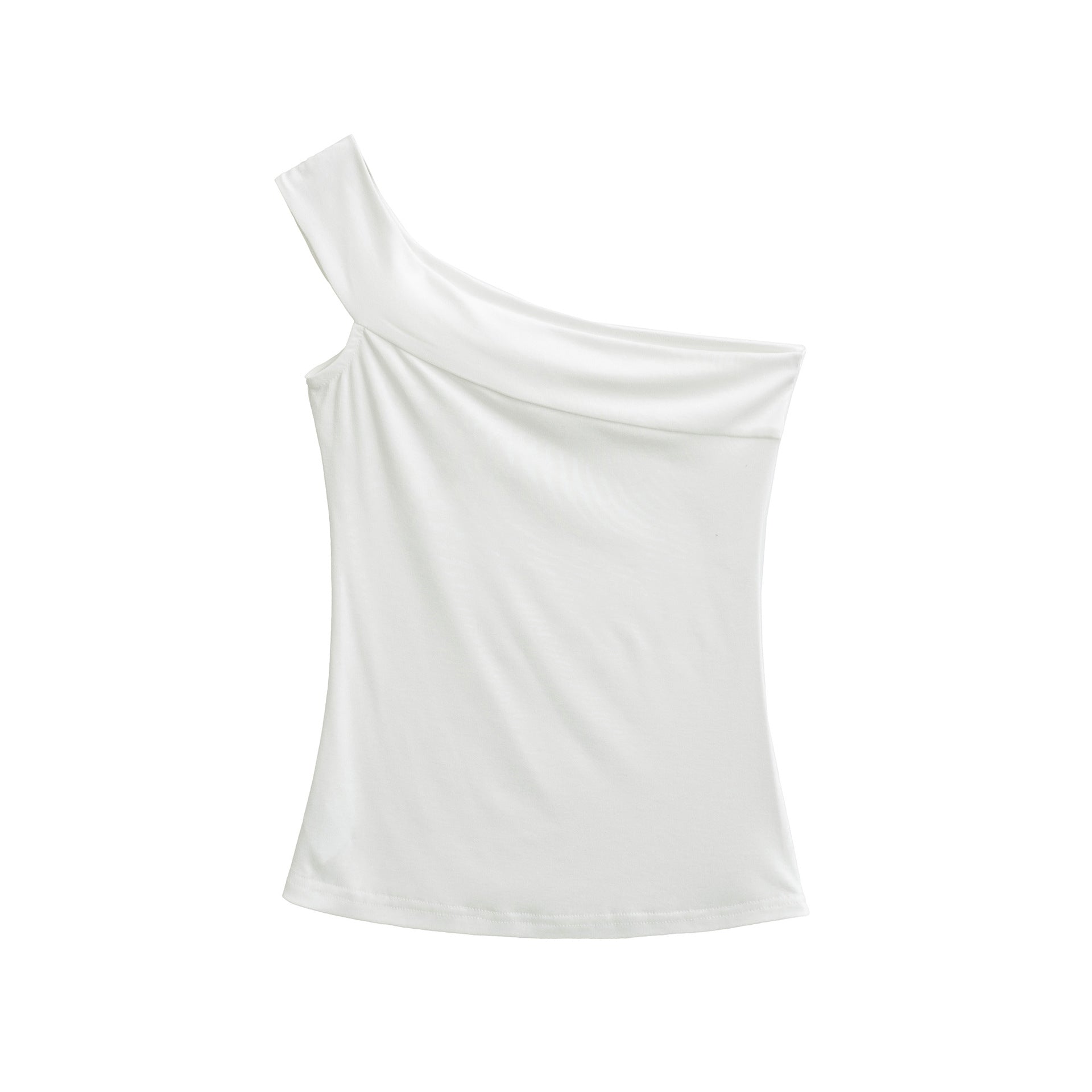 White women's sleeveless diagonal neck T-shirt streetwear style lifestyle shot | TeenStylo