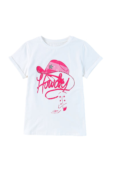 White rhinestone Howdy graphic tee lifestyle shot, Y2K Western streetwear style - TeenStylo