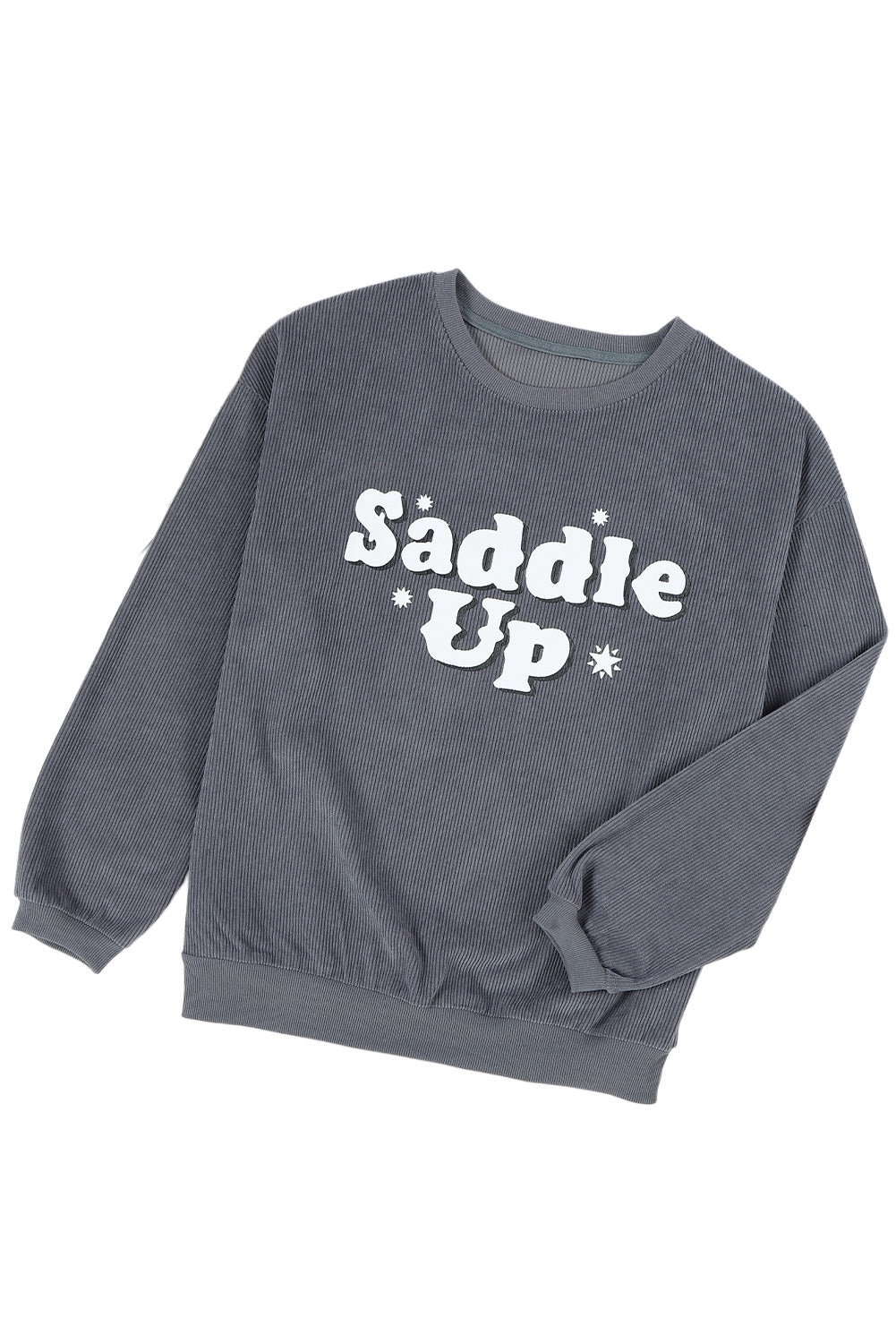 Gray unisex corded graphic sweatshirt with saddle-up print, streetwear style lifestyle shot | TeenStylo