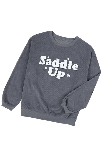 Gray unisex corded graphic sweatshirt with saddle-up print, streetwear style lifestyle shot | TeenStylo