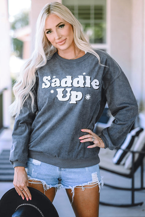 Gray unisex saddle up corded graphic sweatshirt front view – Y2K streetwear style | TeenStylo
