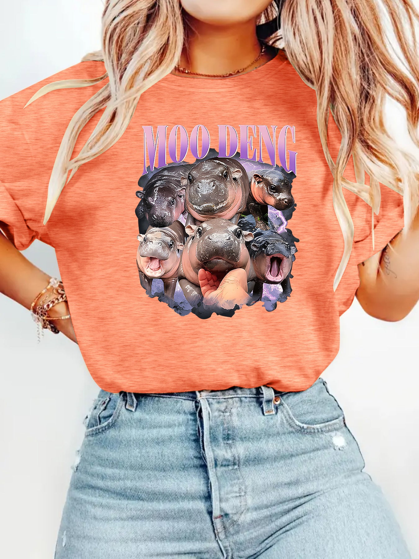 Flower orange unisex women's T-shirt with bouncing pig print, Y2K streetwear style lifestyle shot - TeenStylo