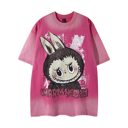 Pink unisex street style cartoon print round neck shorts lifestyle shot – TeenStylo