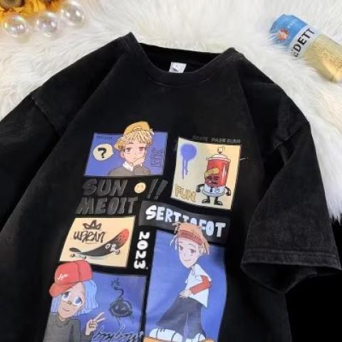 Black anime cartoon graphic tee men's short sleeve casual streetwear summer shirt lifestyle view TeenStylo