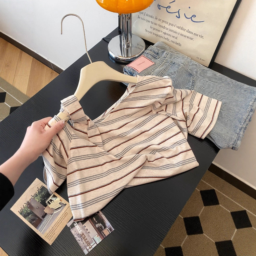 Back view of women's stripe off-shoulder short sleeve T-shirt streetwear style TeenStylo