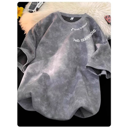 Apricot tie-dye short sleeve t-shirt for men lifestyle shot, Y2K streetwear style - TeenStylo