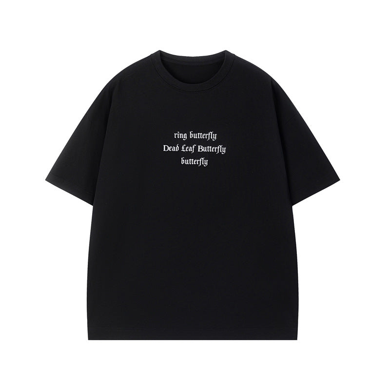 Black heavyweight t-shirt letter print close-up detail stitching quality streetwear men TeenStylo
