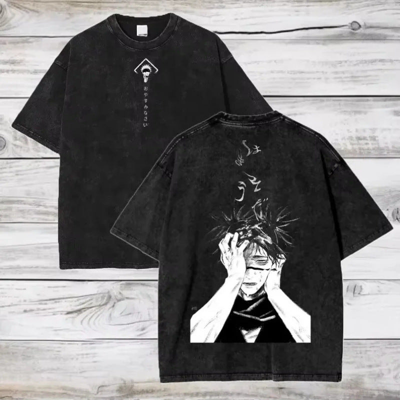 Unisex vintage washed anime print cotton t-shirt in color 10, lifestyle shot – Summer streetwear style at TeenStylo