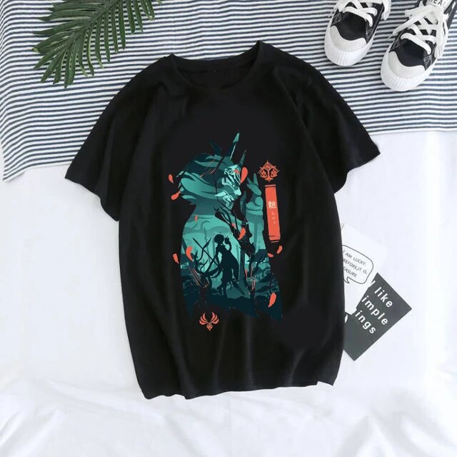 Unisex Genshin Impact Hu Tao Xiao Kawaii Graphic Tee lifestyle shot in color 31016 – TeenStylo
