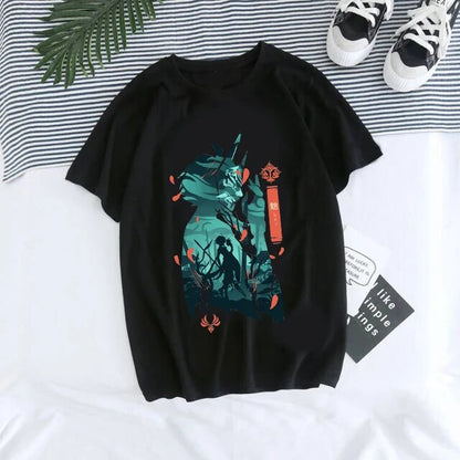 Unisex Genshin Impact Hu Tao Xiao Kawaii Graphic Tee lifestyle shot in color 31016 – TeenStylo