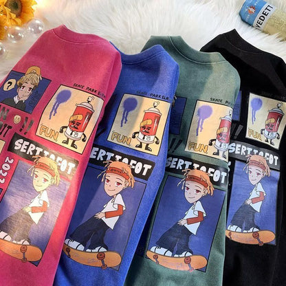 Red anime cartoon graphic detail close-up on men's casual short sleeve T-shirt | TeenStylo