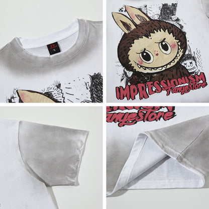 Pink cartoon print streetwear short styled in lifestyle look, unisex Y2K fashion at TeenStylo
