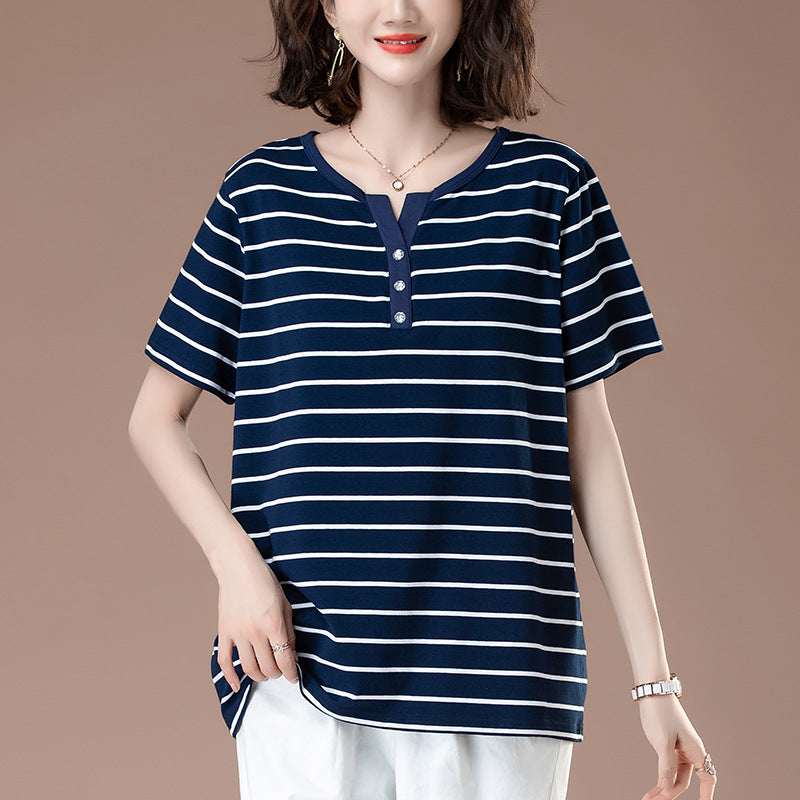 Royal Blue striped t-shirt close-up detail showing fabric texture and stripe pattern for women | TeenStylo