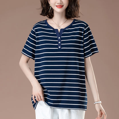 Royal Blue striped t-shirt close-up detail showing fabric texture and stripe pattern for women | TeenStylo