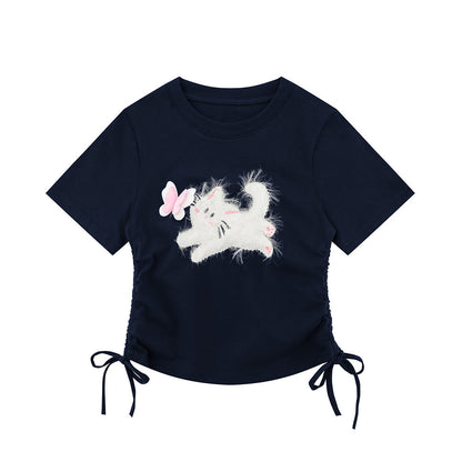 Dark blue fuzzy 3D cat print short sleeve t-shirt men's Y2K streetwear lifestyle look TeenStylo
