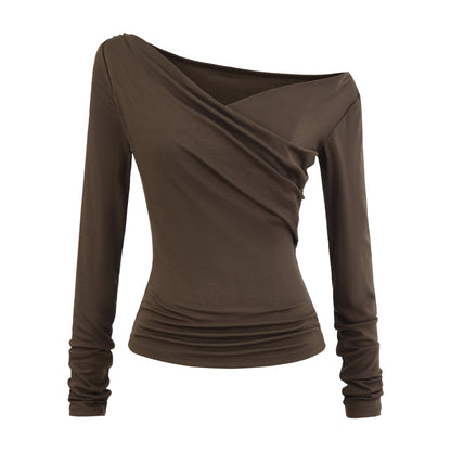 Cocoa brown diagonal collar long sleeve T-shirt women unisex streetwear lifestyle look TeenStylo