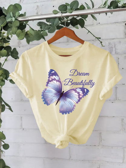 Apricot butterfly print short sleeve women's T-shirt lifestyle shot – Y2K streetwear fashion at TeenStylo