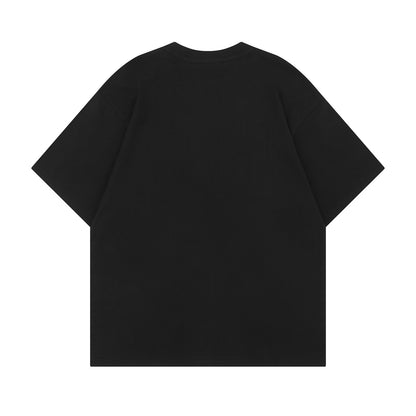 Close-up detail of black dog print short sleeve t-shirt streetwear summer tee for men TeenStylo