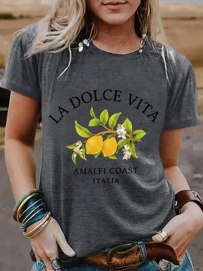 Unisex La Dolce Vita Lemon T-shirt in Flower Black floral print, women's streetwear style lifestyle shot - TeenStylo