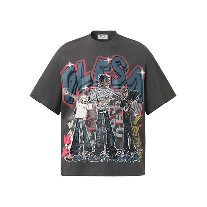 White unisex anime character print detail close-up on short sleeve t-shirt | TeenStylo
